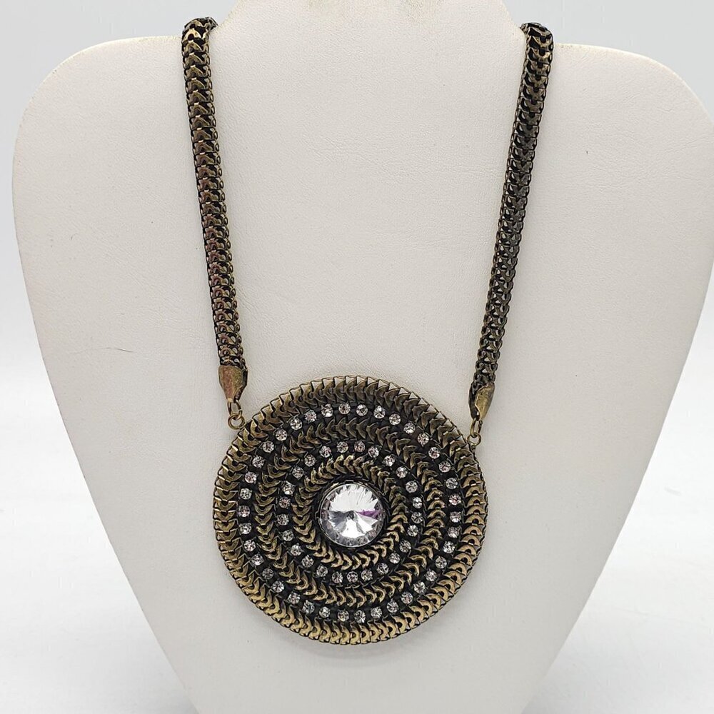 Chico's Vintage Inspired Gold Tone Spiral Medallion Necklace Rhinestones Chain